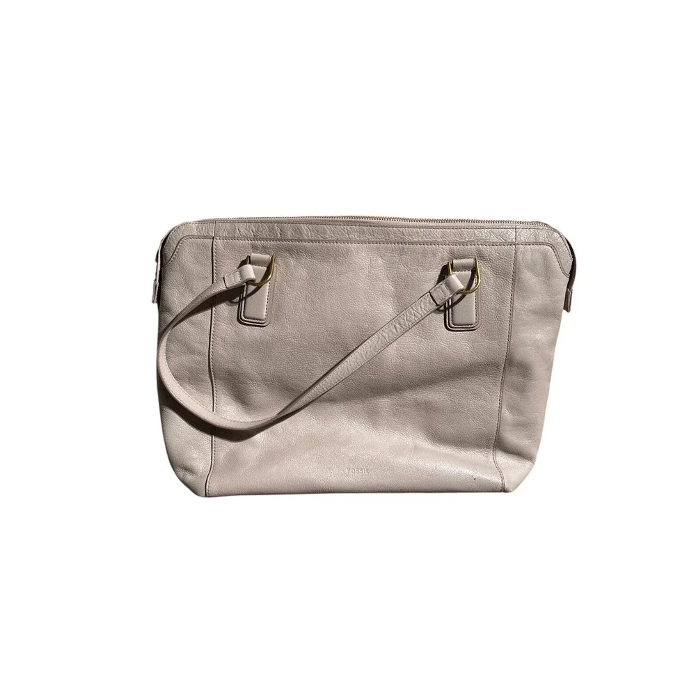 Fossil Leather Tote Bag Beige Shoulder Purse Large Zip Top